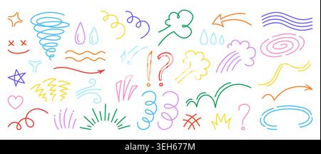 Hand drawn comic doodle element set. Cartoon emoji arrows, speed lines, shock emotions, shapes, line anime expression marks. Sketch motion effects for manga graphic design. Vector illustration art Stock Vector