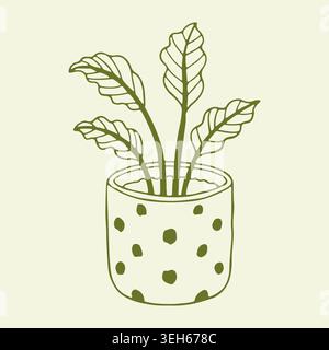 Hand drawn vector illustration of a tropical houseplant in a decorative polka dot ceramic pot. Charming olive green line art for interior design, home Stock Vector