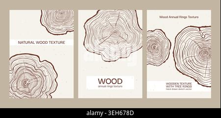 Tree trunk ring art. Set of luxury backgrounds with wood annual rings texture. Template hand drawn tree ring pattern. Tree trunk in section cover or card. Wooden concentric circles. Grunge background Stock Vector