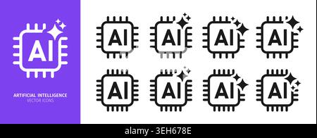 Artificial intelligence AI processor chip vector icon symbol sparkle set. Artificial intelligence system symbols with star frames magic glitter effects starburst signs vector design Stock Vector
