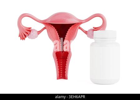 Women Health Medication And Reproductive Treatment Concept. Uterus Anatomy Beside Blank Medicine Bottle On Clean White Background. 3d Rendering Stock Photo