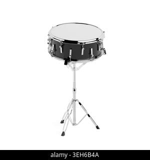 Music Performance And Rhythm Practice Concept. Black Snare Drum On Chrome Stand Isolated On Clean White Background For Concert, Studio, And Education. Stock Photo