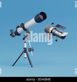 Advanced Space Exploration And Orbital Surveillance Concept. Professional Telescope Tracking A Detailed Satellite With Solar Panels On Clean Blue Back Stock Photo