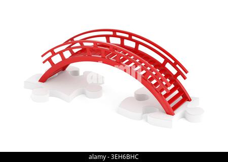 Business Connection And Problem Solving. Red Bridge Connecting White Puzzle Pieces On Clean White Background. 3d Rendering Stock Photo