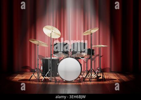 Live Music Performance And Concert Stage. Black Drum Kit With Golden Cymbals On Wooden Floor Before Red Curtain Under Dramatic Spotlight Extreme Close Stock Photo