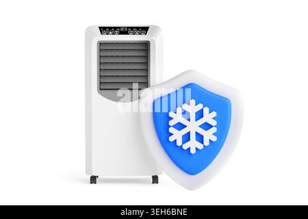 Cooling Protection. Portable Air Conditioner With Blue Shield And Snowflake On White Background. 3D Rendering Stock Photo