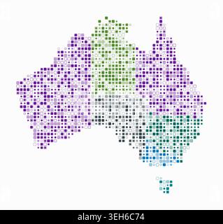 Australia, shape of the country built of colored cells. Digital style map of Australia on white background. Small size rounded square blocks. Stock Vector