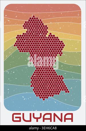 Guyana vintage logo. Hexagon dots shape of the country on retro colored stripe waves background. Guyana map design with grunge scratch texture. Stock Vector