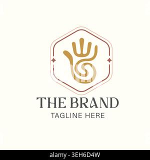 Elegant boho logo with abstract hand and spiral symbol in earthy tones, framed in a geometric badge, expressing balance and creativity. Stock Vector