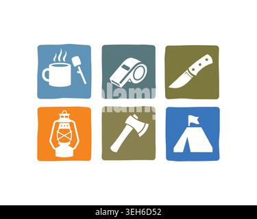 Collection of camping essentials icons including mug, whistle, knife, lantern, axe, and tent, symbolizing outdoor survival and adventure Stock Vector
