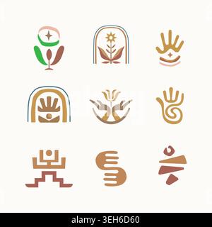 Collection of tribal-inspired icons with hands, flowers, stars, and abstract figures symbolizing nature, unity, and spirituality Stock Vector