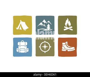 Set of outdoor activity icons featuring tent, mountains, campfire, backpack, compass, and hiking boot in earthy colors Stock Vector