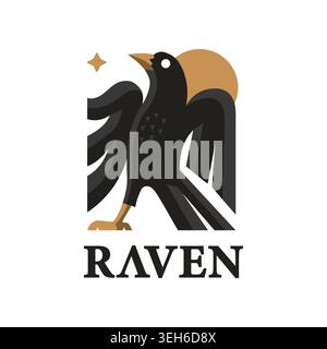 Stylized raven symbol with bold wings, sunset backdrop, and star accent, symbolizing mystery, strength, and modern visual identity. Stock Vector