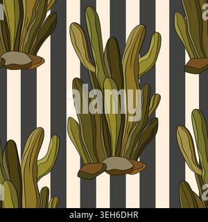 Seamless pattern with cacti, blooming succulent on color background. Vector hand drawn illustration for packaging, fabric, textile. Wild west cactus Stock Vector