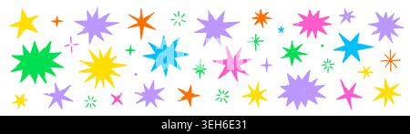 Star paper sticker element set. Hand drawn star torn paper cutout with grunge texture irregular edge. Colorful sparkle burst label scrapbook collage funky retro background. Vector illustration Stock Vector