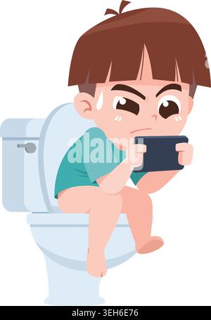 Child Using Smartphone While Sitting on Toilet Cartoon Illustration Stock Vector