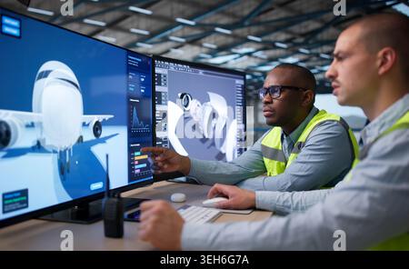 Two Engineers Use 3D Software To Design Airplane Engine Parts Together. Stock Photo