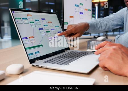Two Software Engineers Planning Automated Workflow System Using Laptop Together. Stock Photo