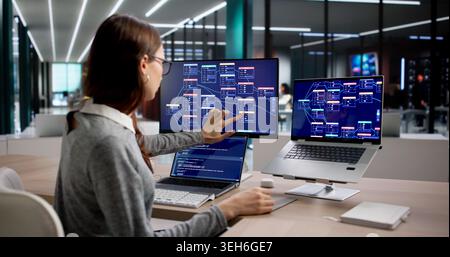 Woman Focused On Coding A New AI System Using Visual Node Editor. Stock Photo