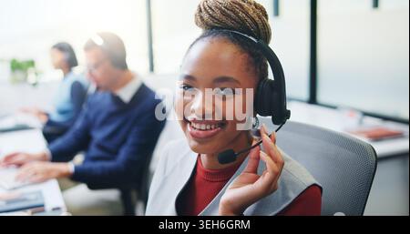 Happy, agent and portrait with headset in call center for communication or online advice. Female person, friendly consultant or smile with mic for Stock Photo