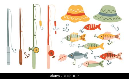 Hand drawn fishing equipment set with rod, hook, bait and cute fish. Minimalist outdoor lake adventure elements. Doodle collection for fisherman Stock Vector