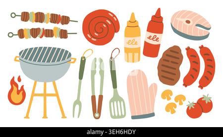 Summer barbecue grill vector illustration set with steak, skewer, sausage and tools. Hand drawn backyard bbq party food elements. Minimalist doodle Stock Vector