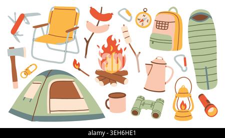 Cozy camping vector element set with tent, campfire, backpack and sleeping bag. Hand drawn outdoor adventure gear. Minimalist doodle collection for Stock Vector