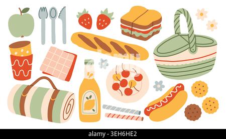 Cute picnic vector illustration set with basket, blanket, sandwich and food. Hand drawn summer outdoor dining elements. Minimalist doodle collection Stock Vector