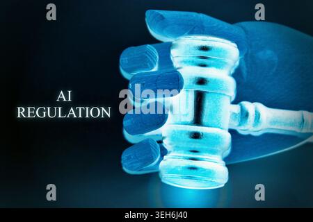 Futuristic composition featuring a robotic hand holding a judge’s gavel with the text “AI REGULATION” prominently displayed. The image represents arti Stock Photo