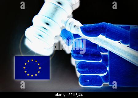 Artificial intelligence robotic hand holding a wooden judge gavel with the European Union flag as background, representing the regulation of AI techno Stock Photo