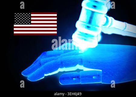 Futuristic conceptual scene featuring a robotic hand holding a judge’s gavel in front of the United States flag, with the text “AI REGULATION” promine Stock Photo