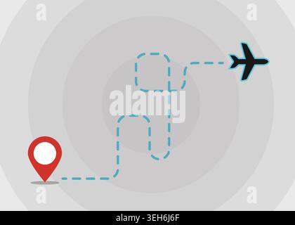 Flat vector illustration of airplane travel route with dotted flight path, destination pin, navigation concept, and modern transportation design. Stock Vector
