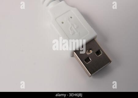 Close up of a white USB Type A plug showing metallic connector and embossed symbol on plastic housing against a clean white background symbolizing dig Stock Photo