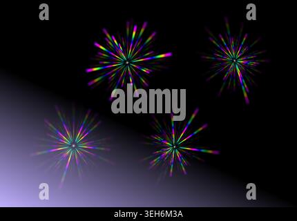 Set of colorful rainbow lens flare star burst elements on dark background Stock Vector