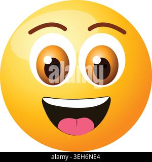 Happy smiling emoji with large wide open eyes, an excited laugh, showing teeth and tongue on a shiny glossy yellow face isolated on white. Stock Vector