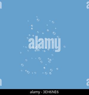 Realistic transparent water bubbles floating upwards, forming a fizzing column texture effect isolated on a solid light blue background. Stock Vector