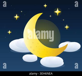 Whimsical yellow crescent moon floating among soft white clouds in a dark blue night sky illuminated by sparkling golden stars. Stock Vector