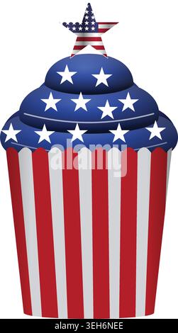 Patriotic 4th of July cupcake illustration featuring blue star-patterned frosting, a red and white striped liner, and an American flag star topper. Stock Vector