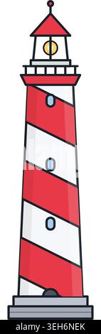 Classic red and white striped lighthouse illustration featuring a glowing yellow beacon light and a dark outline design isolated on a white background Stock Vector