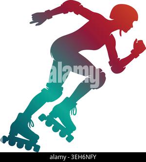 Dynamic roller derby skater silhouette with vibrant red to teal color gradient, wearing full protective gear and quad roller skates in full speed moti Stock Vector