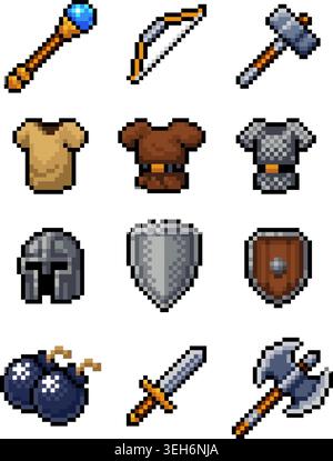 Pixel Art Weapons Armor Video Game Items Asset Set Stock Vector