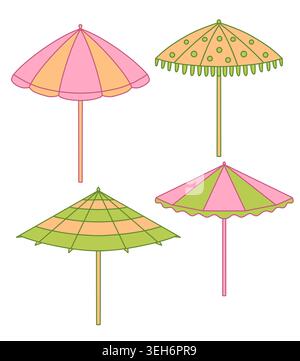 Summer beach parasols icons with colorful outlines. Stock Vector