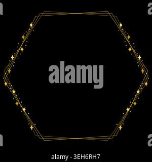 Golden Yellow Hexagon Border Frame With Sparkling Gold Stars Stock Vector