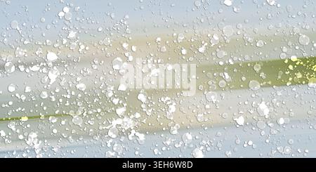 An abstract digital art background featuring a scattering of white circular bubbles over a soft, horizontal motion-blurred gradient of green and blue. Stock Photo