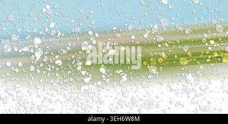 An abstract digital art background featuring a scattering of white circular bubbles over a soft, horizontal motion-blurred gradient of green and blue. Stock Photo