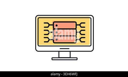 Desktop computer with server rack icon: PC workstation displaying cloud hosting infrastructure, modern black line art with offset color fill vector. Stock Vector