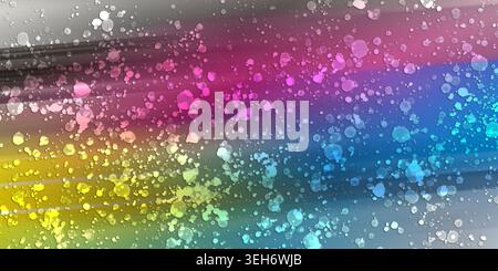 A dynamic abstract composition featuring a colorful rainbow gradient background with motion blur lines and scattered white paint droplets. Stock Photo