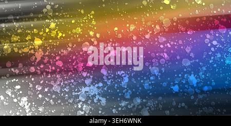 A vibrant abstract background featuring a dynamic motion blur effect with a spectrum of colors overlaid by scattered, translucent paint-like splatters Stock Photo