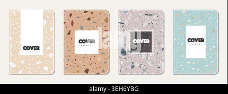 School diary cover design. Terrazzo abstract background made of natural stones, granite, quartz and marble. Venetian terrazzo texture school diary template. Stock Vector