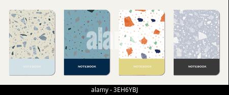 Note book cover design. Terrazzo abstract background made of natural stones, granite, quartz and marble. Venetian terrazzo texture note book template. Stock Vector
